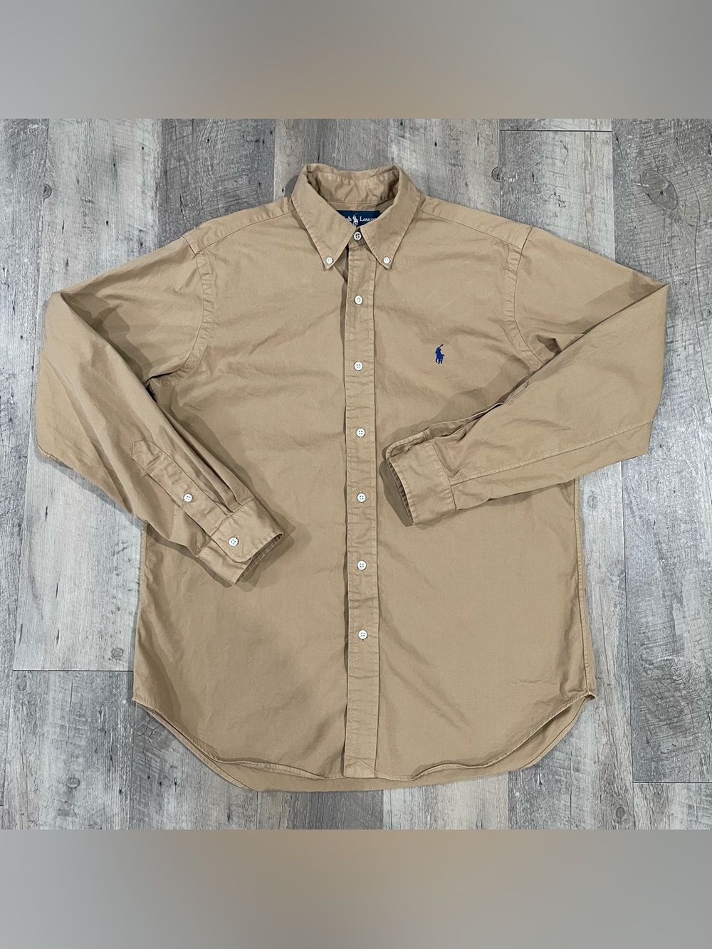 Polo by Ralph Lauren Men's Khaki Button-Down Shirt with Navy Pony